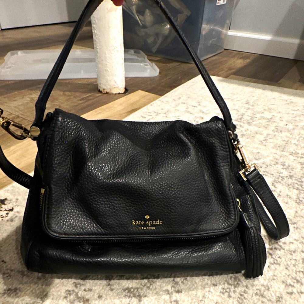 kate spade new york Black Pebbled Shoulder/Crossbody Bag Zip Tassel Medium